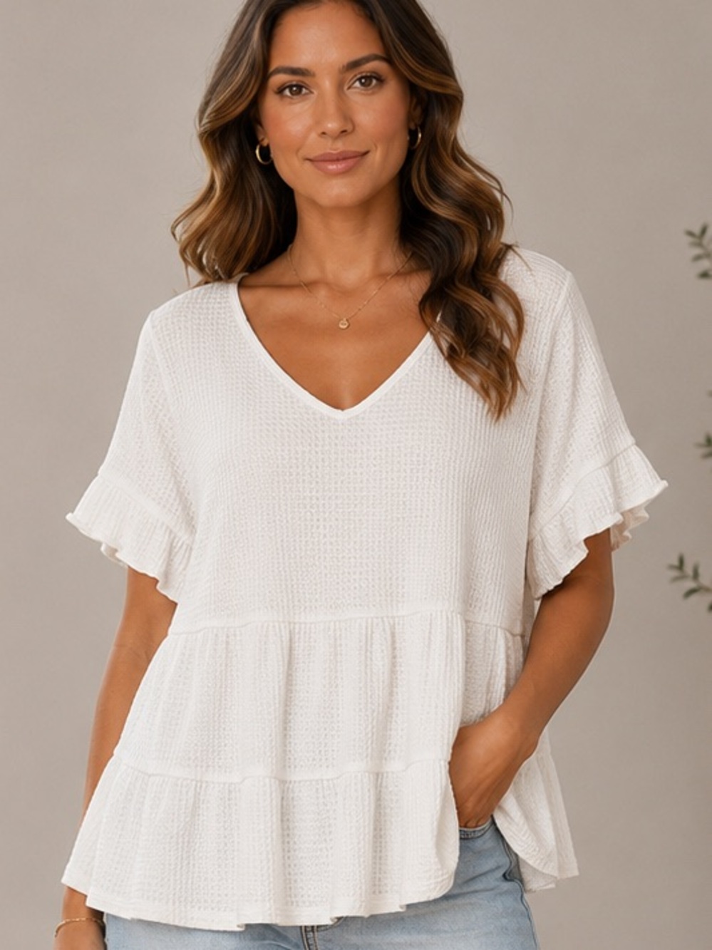 Altar'd State White Waffle Knit Ruffle Tiered V-Neck Top
